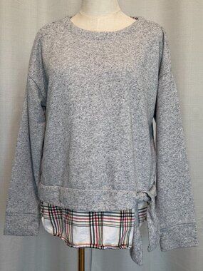 Izod Gray Mixed Media Side Tie Sweatshirt | Faux Layered Blouse Size L
